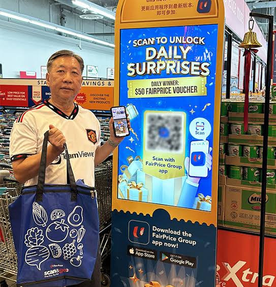 In-store FairPrice Group scan-to-unlock daily surprises gamification kiosk