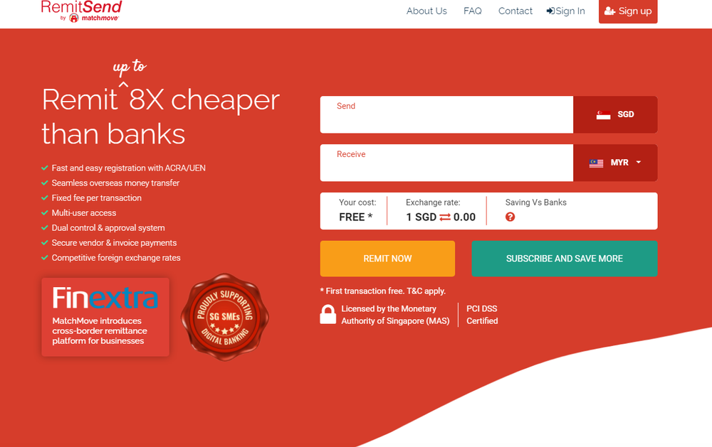 RemitSend by MatchMove landing page showing cross-border remittance quote for SMEs