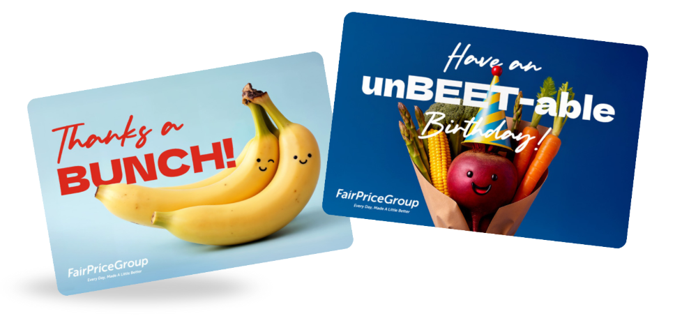 FairPrice digital gift cards, including a Thanks a Bunch banana design and an unBEET-able Birthday design